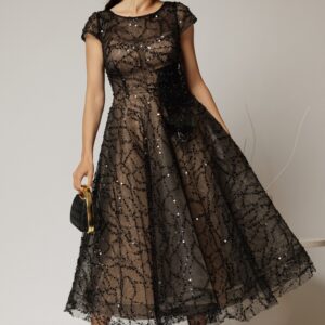 Rochie midi neagra de ocazie din dantela cu paiete si perle