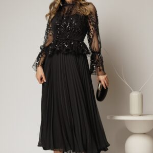Rochie midi neagra de seara din voal plisat cu perle si paiete