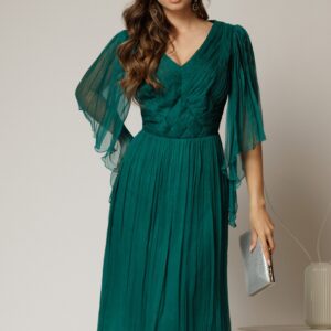 Rochie midi verde din matase clos si decolteu V