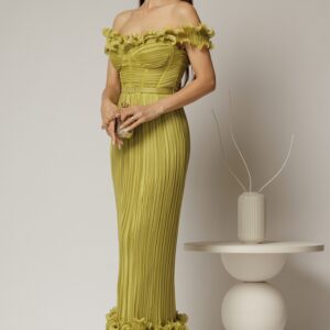 Rochie midi verde lime de ocazie cu bust tip corset si fusta plisata