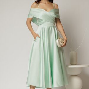 Rochie midi verde menta din tafta de ocazie cu umeri goi