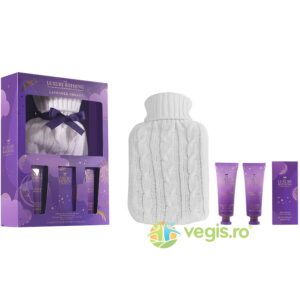 Set Cadou Cosy Up Lavender Dreams (Crema Maini si Unghii, Crema Corp, Sare de Baie, Sticla pentru Apa Calda cu Husa Crosetata)