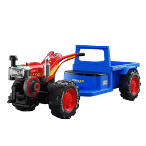 Tractoras electric cu remorca Kinderplay, pentru copii 3-6 ani, 70W 12V, telecomanda, scaun tapitat, albastru