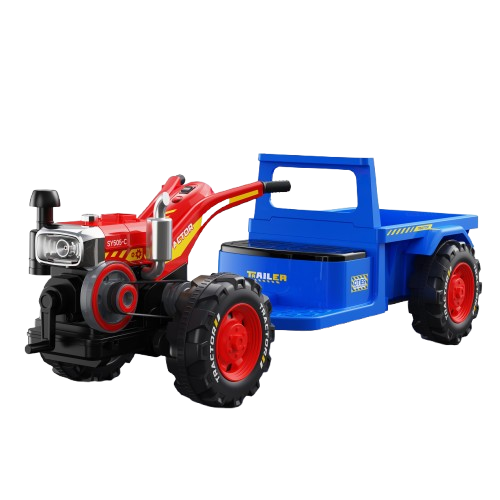 Tractoras electric cu remorca Kinderplay, pentru copii 3-6 ani, 70W 12V, telecomanda, scaun tapitat, albastru