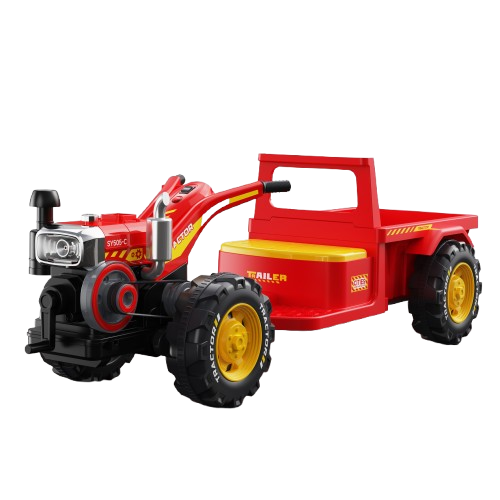 Tractoras electric cu remorca Kinderplay, pentru copii 3-6 ani, 70W 12V, telecomanda, scaun tapitat, rosu