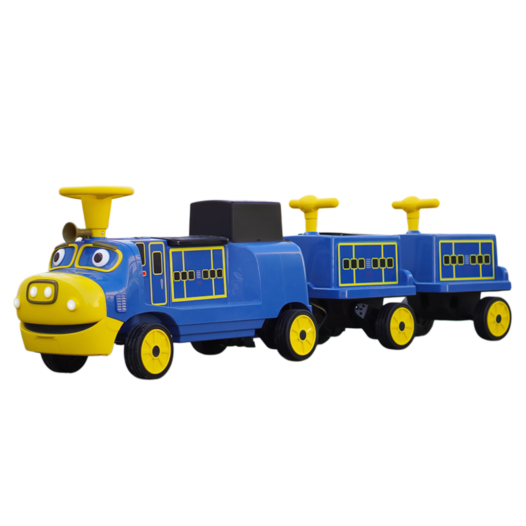 Trenulet electric CHUGGINGTON cu 2 vagoane extra, pentru 4 copii, 180W, 12V 7Ah roti moi, albastru