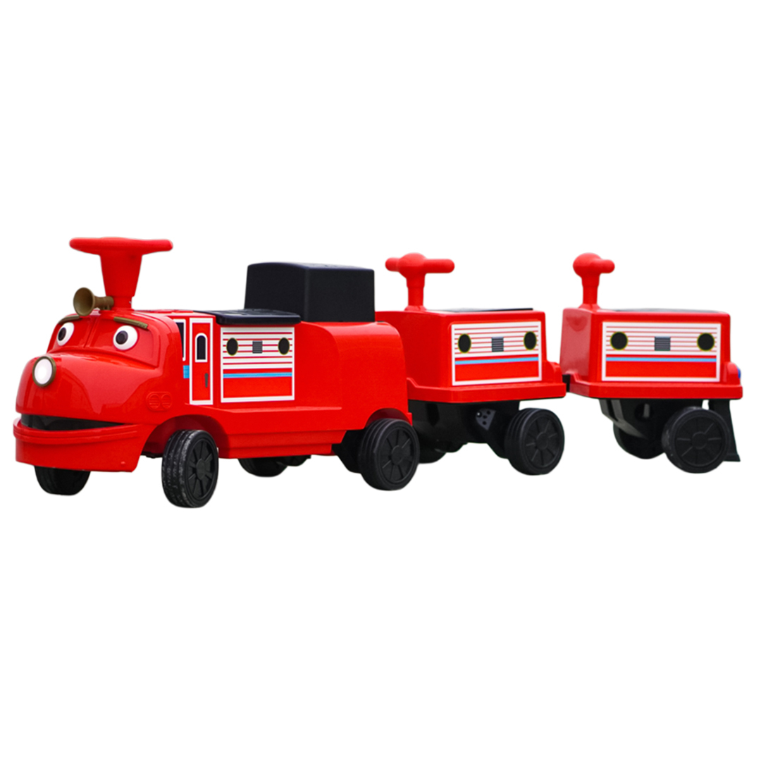 Trenulet electric CHUGGINGTON cu 2 vagoane extra, pentru 4 copii, 180W, 12V 7Ah roti moi, rosu