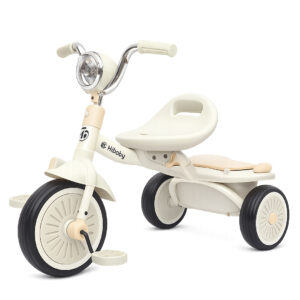 Tricicleta cu pedale Kinderplay Baby Flyer, pentru copii 2-4 ani, roti moi EVA, pliabila, bej