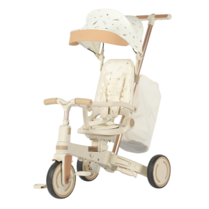 Tricicleta multifunctionala Kinderplay Baby 4-in-1, pentru copii de la 1 la 3 ani, pliabila si reglabila, roti moi, centura de siguranta, maner detasabil, alba