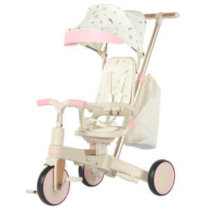 Tricicleta multifunctionala Kinderplay Baby 4-in-1, pentru copii de la 1 la 3 ani, pliabila si reglabila, roti moi, centura de siguranta, maner detasabil, roz