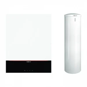 Pachet centrala termica cu afisaj digital color 7″” Viessmann Vitodens 200-W 25 kW cu boiler bivalent Vitocell 300 litri, kit de evacuare inclus
