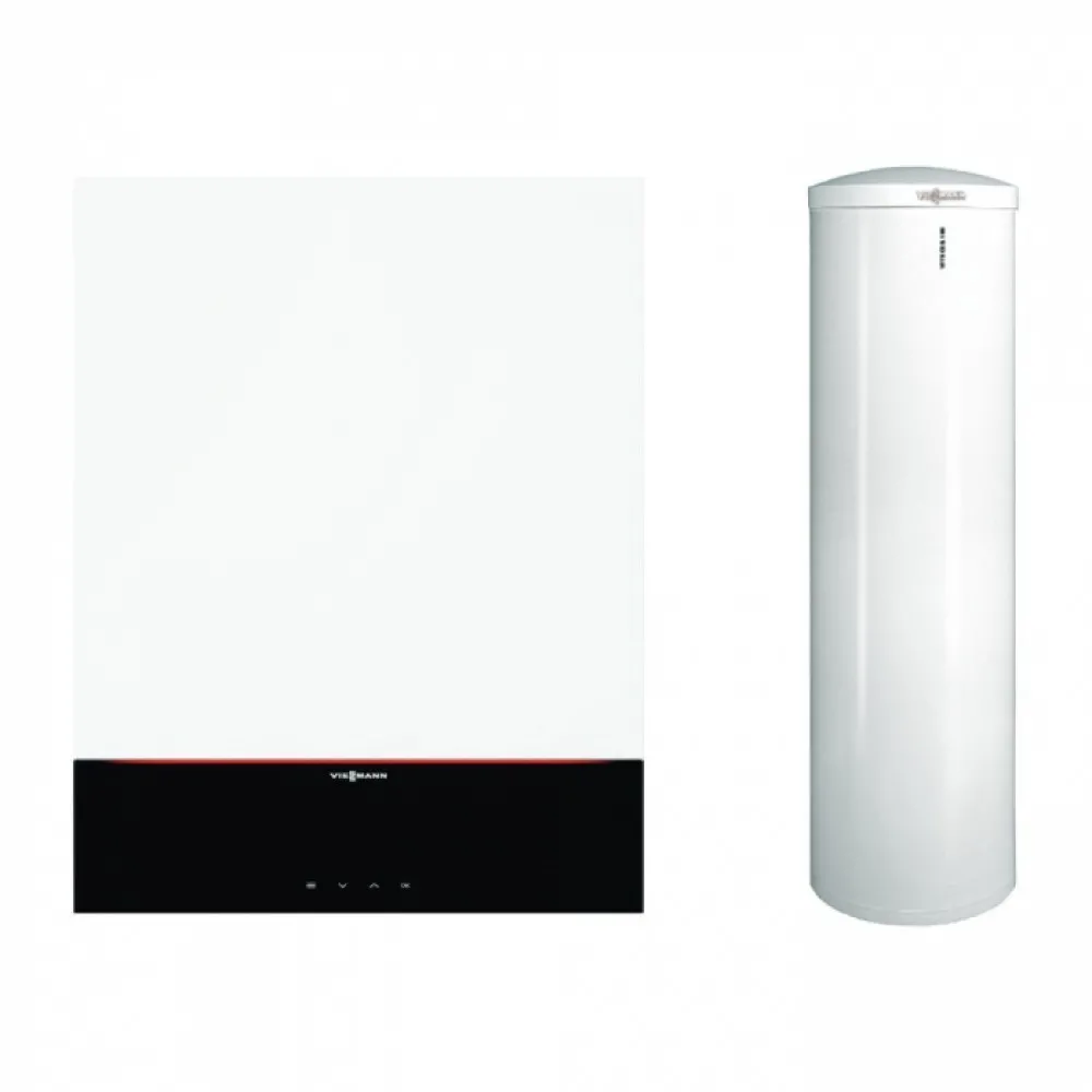 Pachet centrala termica cu afisaj digital color 7"" Viessmann Vitodens 200-W 32 kW cu boiler bivalent Vitocell 300 litri, kit de evacuare inclus