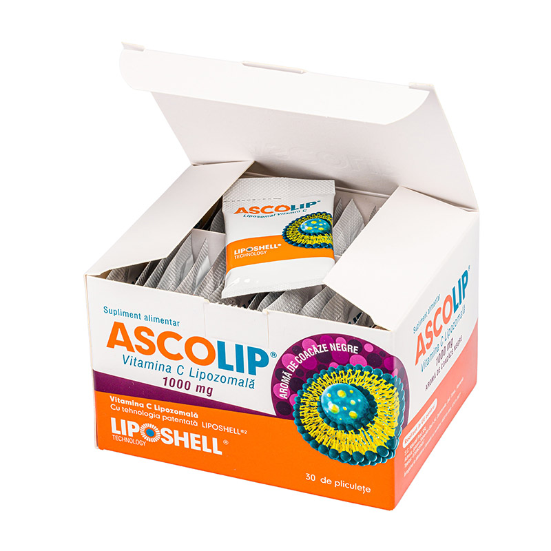 ASCOLIP, Vitamina C Lipozomală 1000 mg, cu aromă de coacăze, 30 plicuri, LIPOSHELL® - Image 2