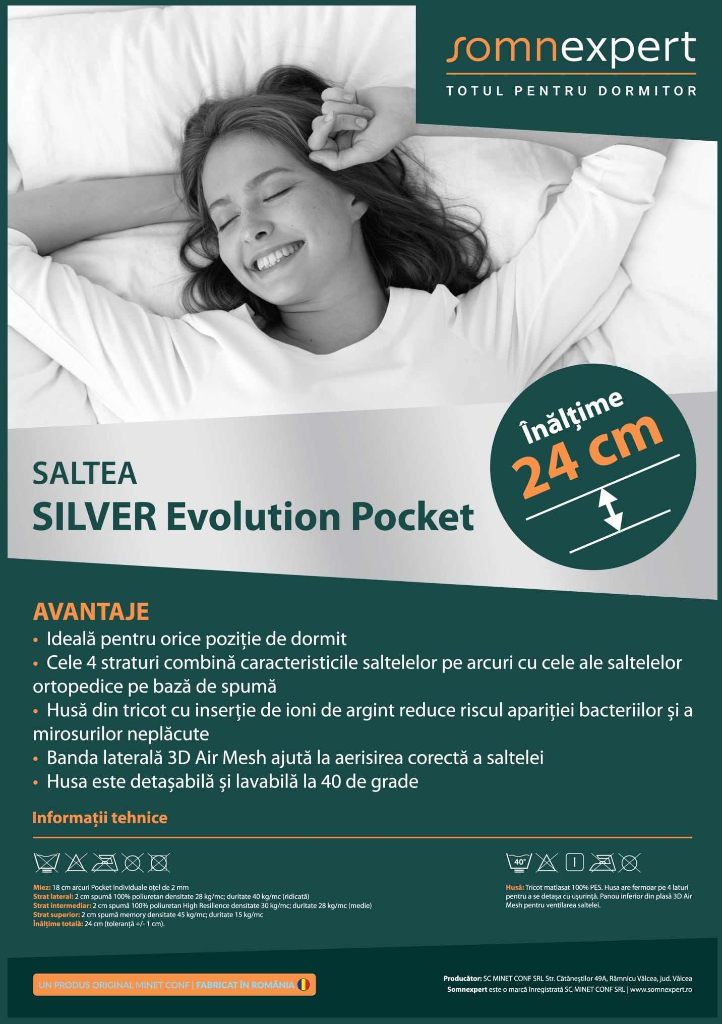 Saltea cu memorie și arcuri individuale Somnexpert Silver Evolution Pocket Spring 140x200, înălțime 24 cm, husă detașabilă, fermitate medie - Image 9