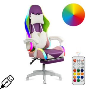 Scaun gaming mov si roz cu suport de picioare si banda LED RGB OFF 298