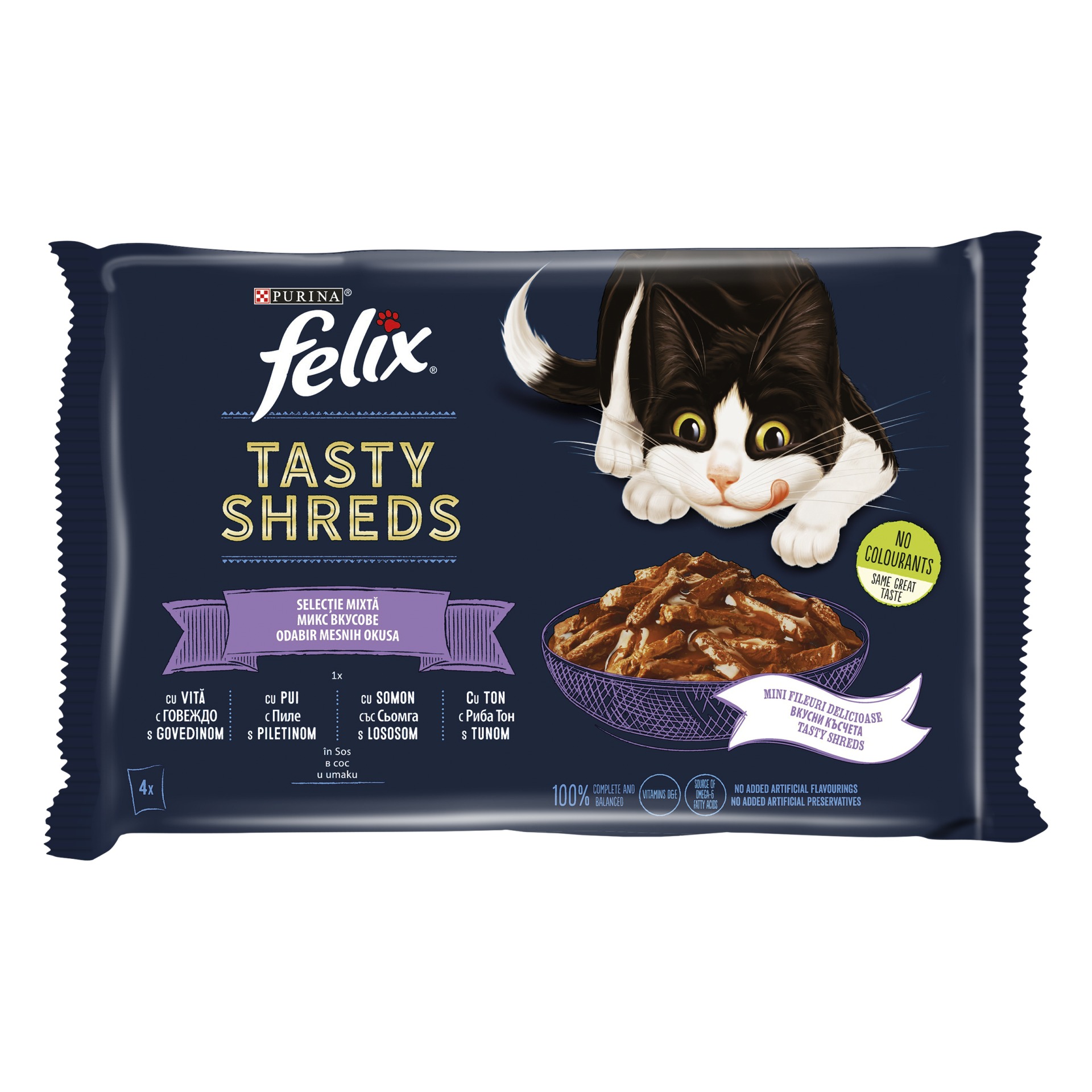 Felix Tasty Shreds Plic Selectie Mixta Vita/Pui/Somon/Ton 4×80 g
